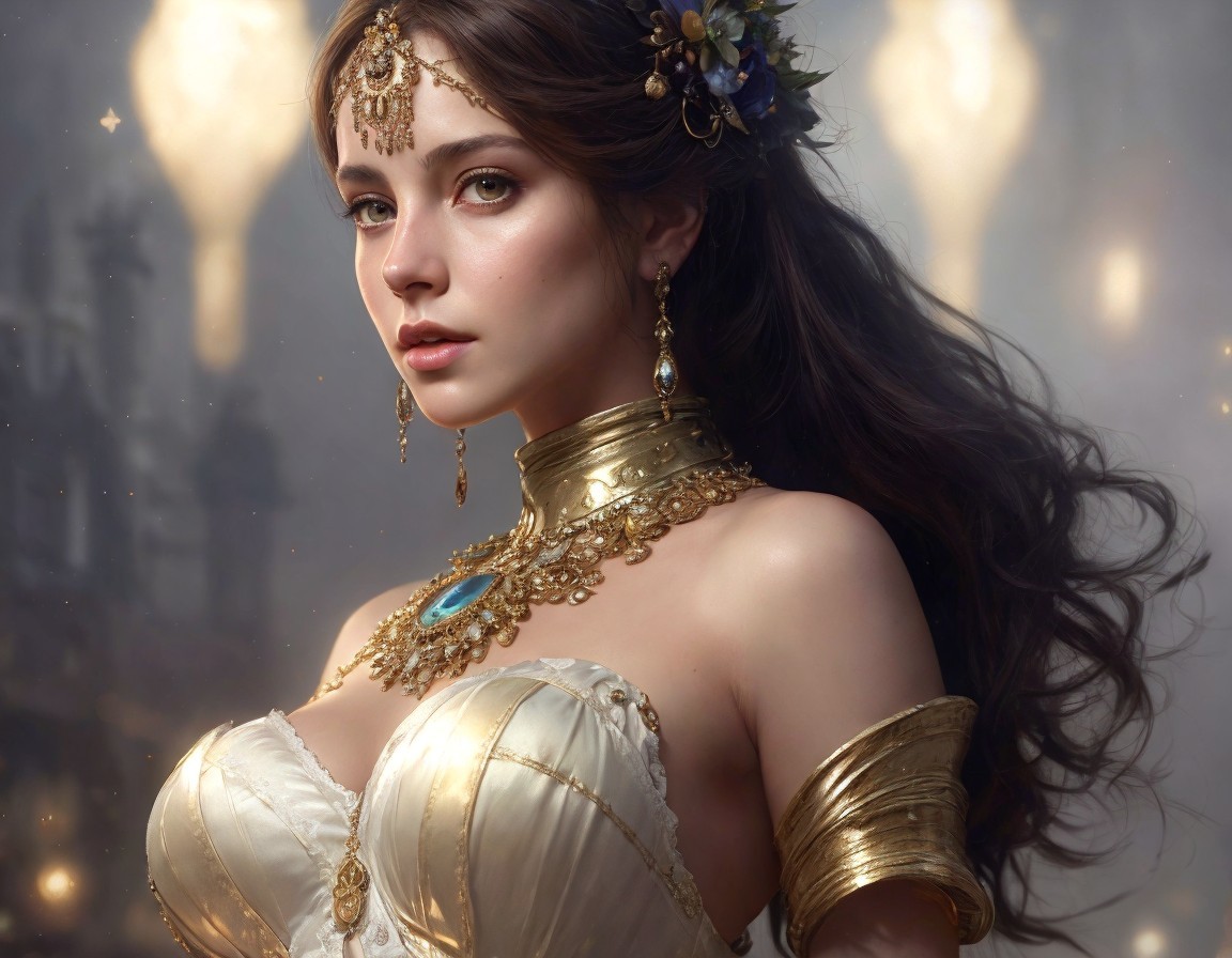 Elegant woman in ornate headpiece and white gown