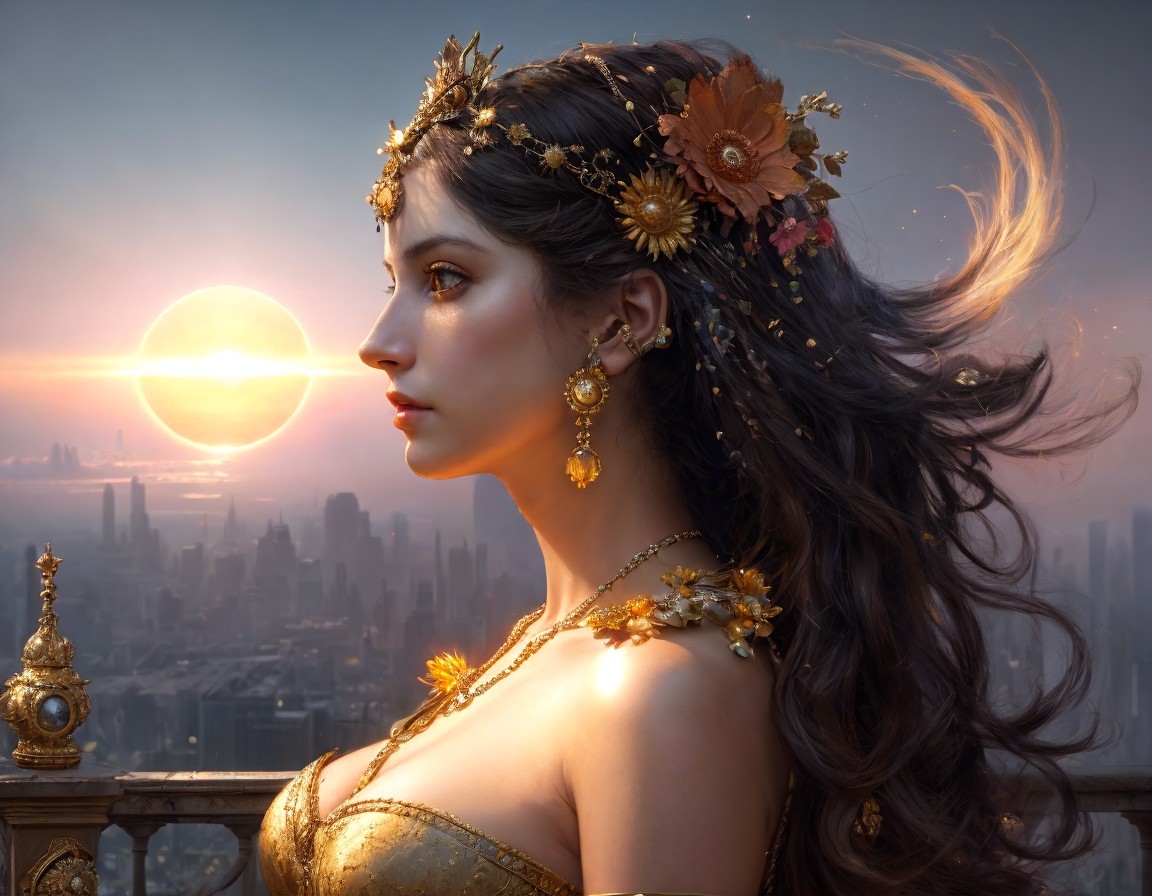 Regal Woman with Golden Headdress at Sunset