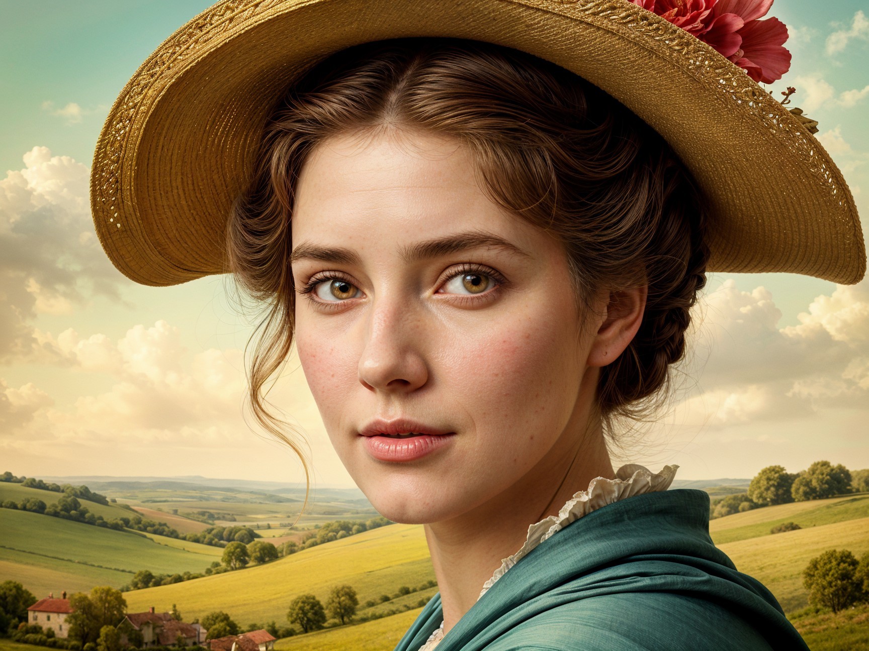 Young woman in straw hat against serene landscape
