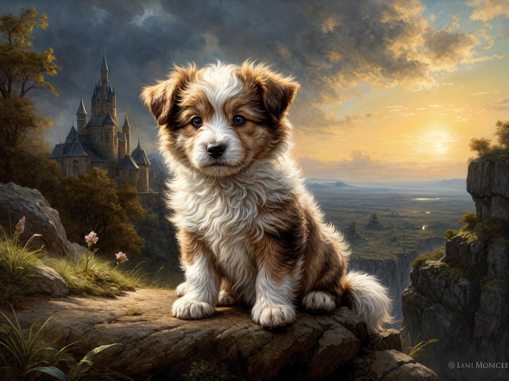Fluffy Puppy on Rocky Ledge with Castle at Sunset