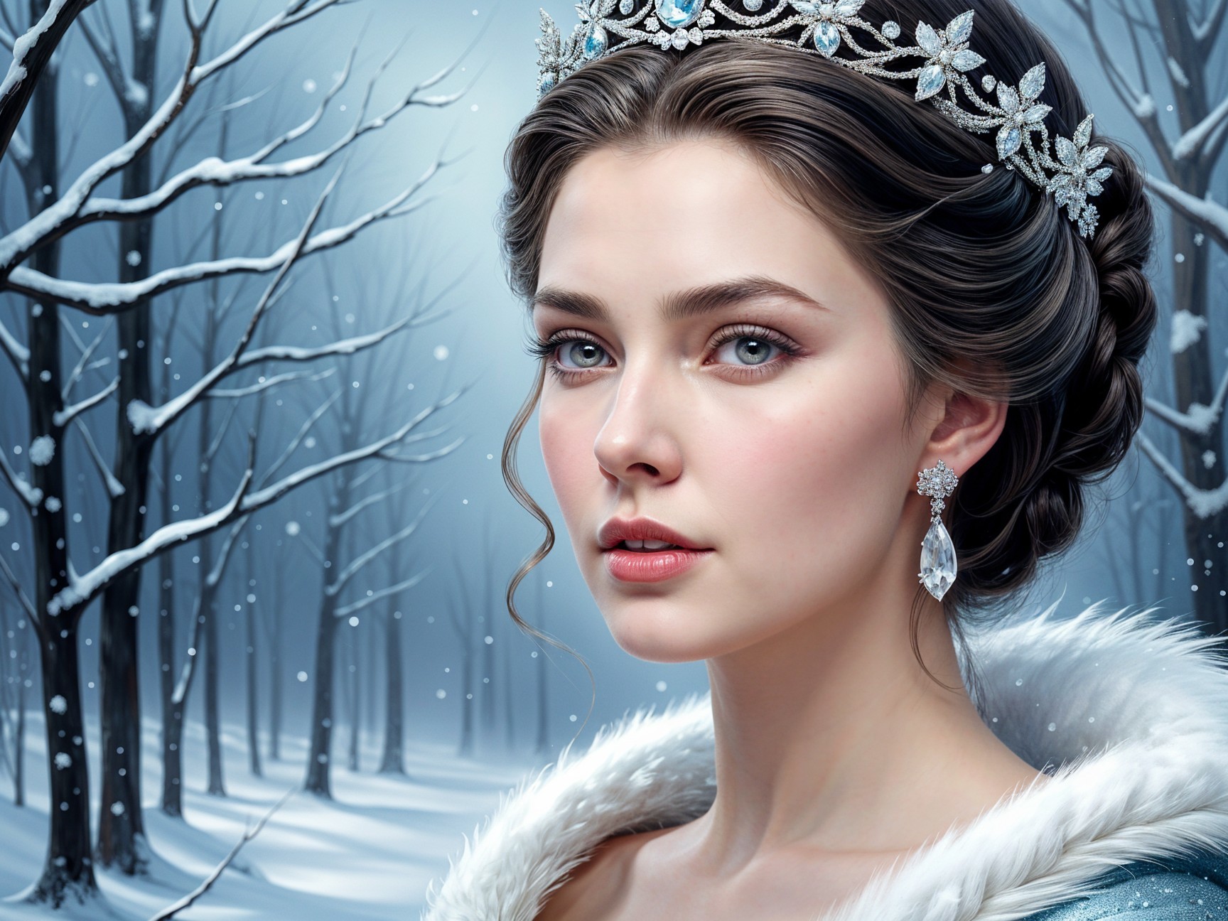 Woman in Snowy Landscape with Regal Attire and Tiara