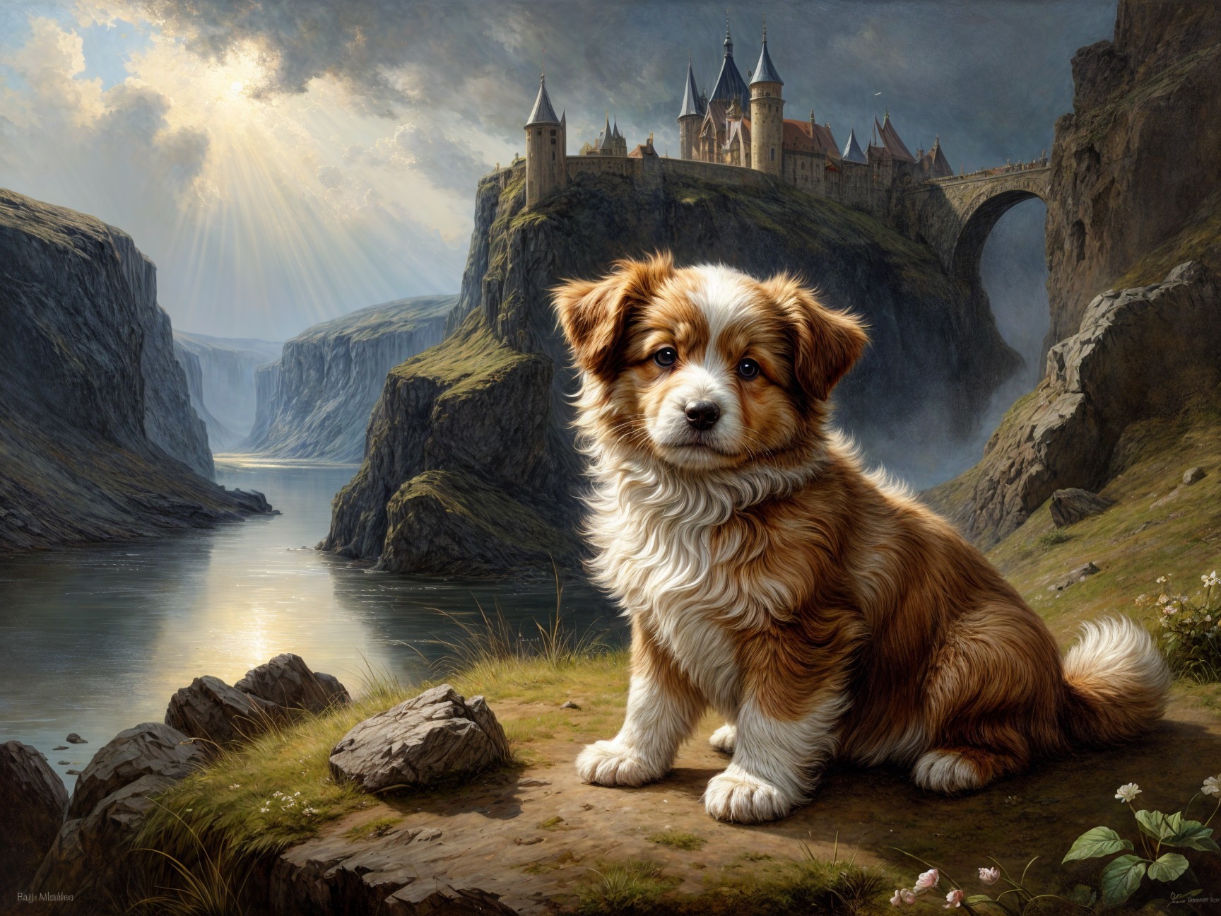 Fluffy Puppy Overlooking Serene River and Cliffs