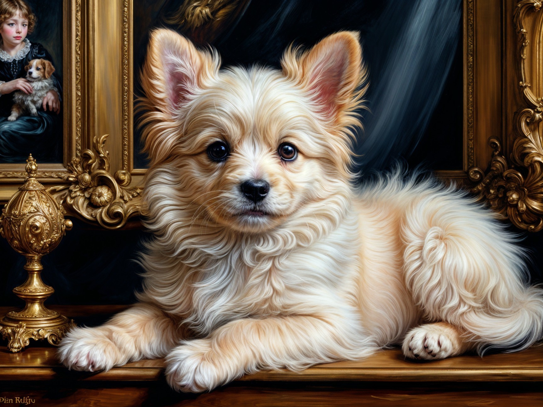 Cream-colored puppy in an elegant setting with frames