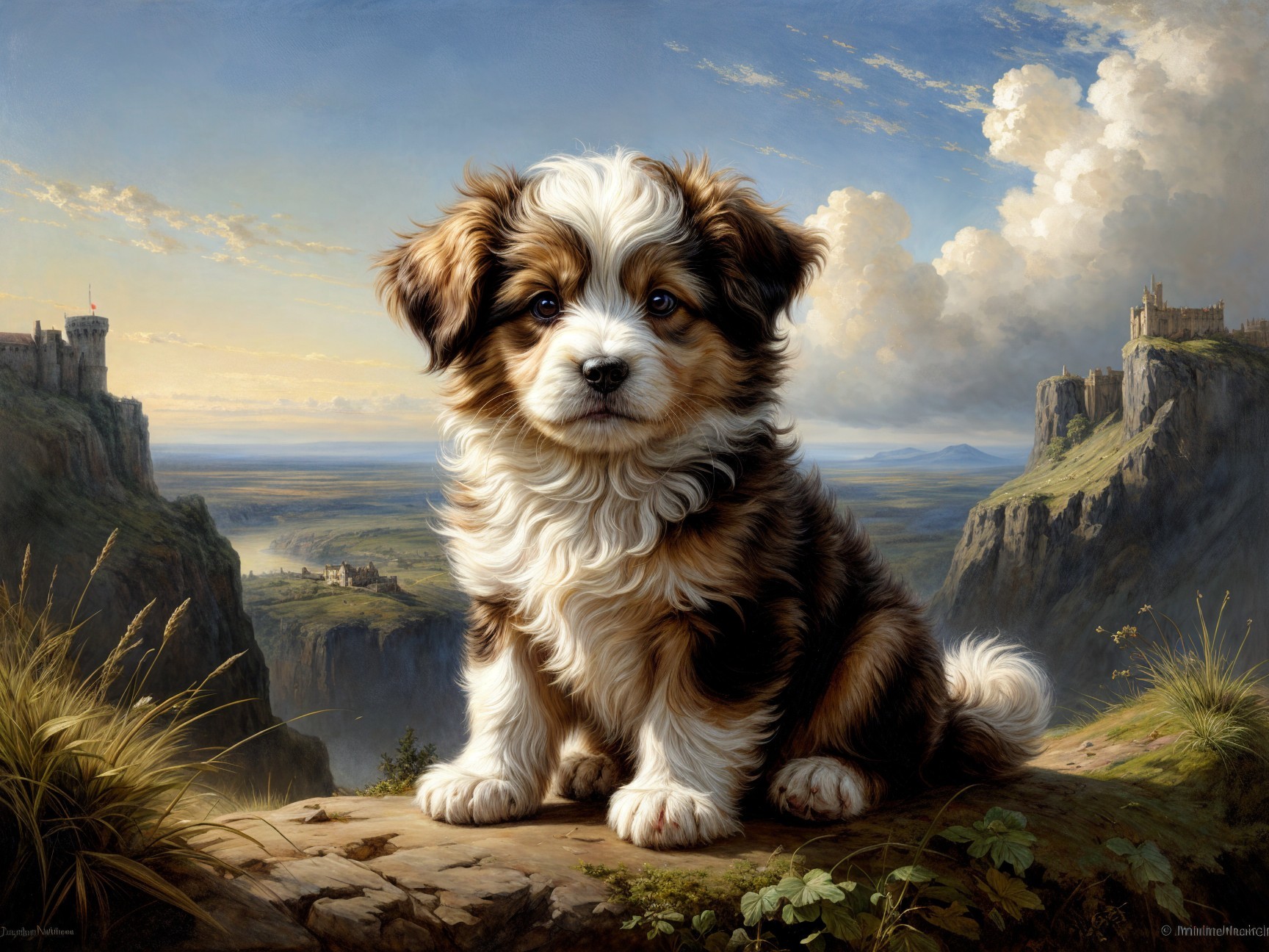 Fluffy Puppy on Rocky Ledge with Scenic Background