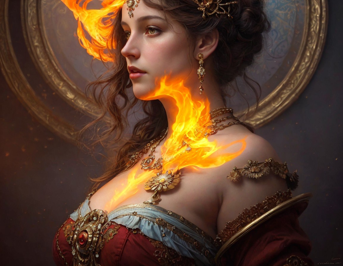 Woman with Wavy Hair and Flames in Ornate Setting