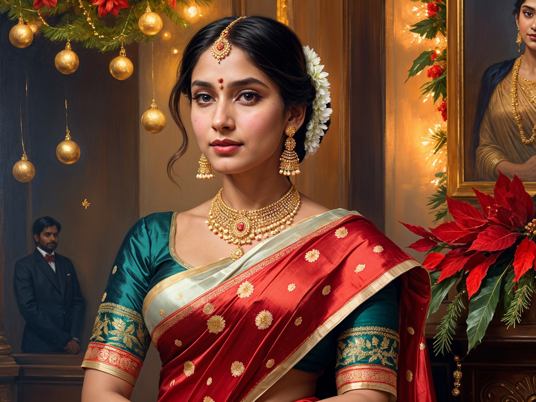 Elegant Woman in Traditional Saree with Festive Decor