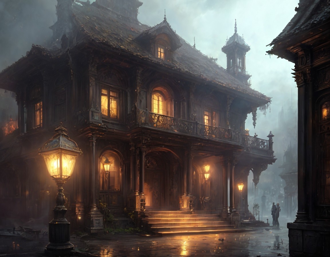 Intricately Designed Gothic Mansion in Enchanting Mist
