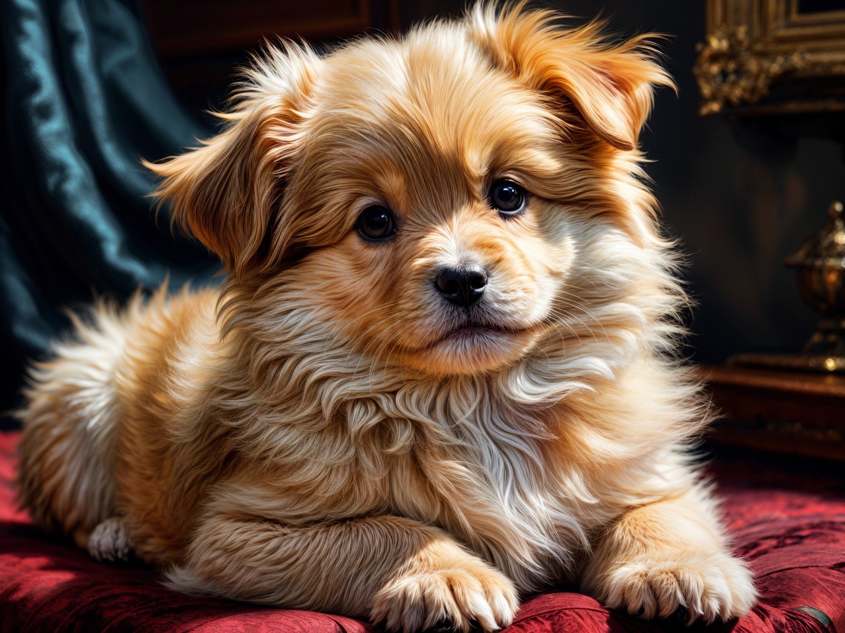 Fluffy Golden-Coated Puppy on Red Surface