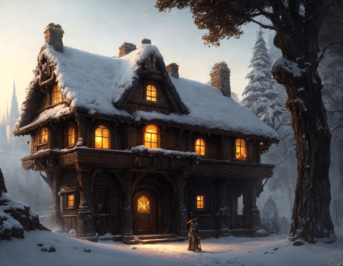 Cozy two-story cottage in snowy twilight setting