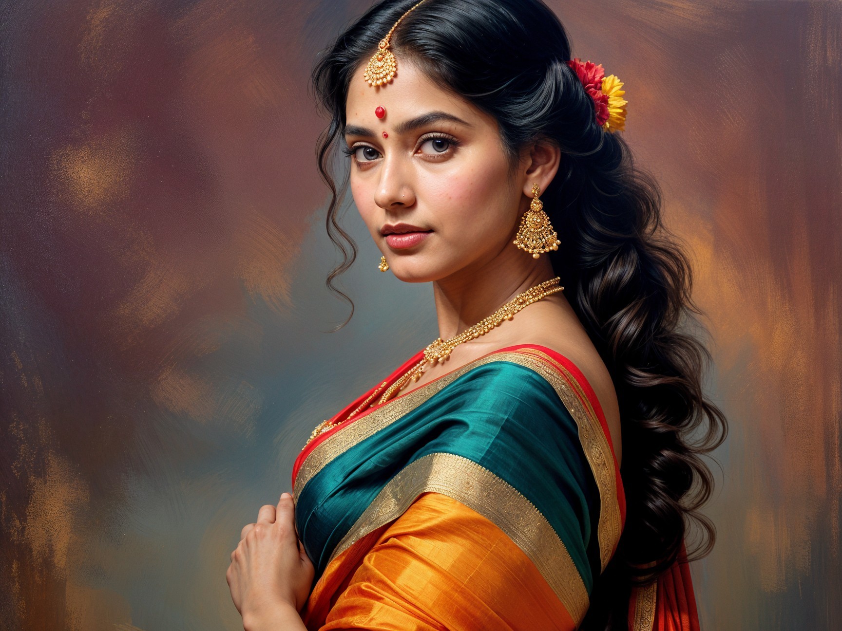 Young Woman in Traditional Silk Saree with Jewelry