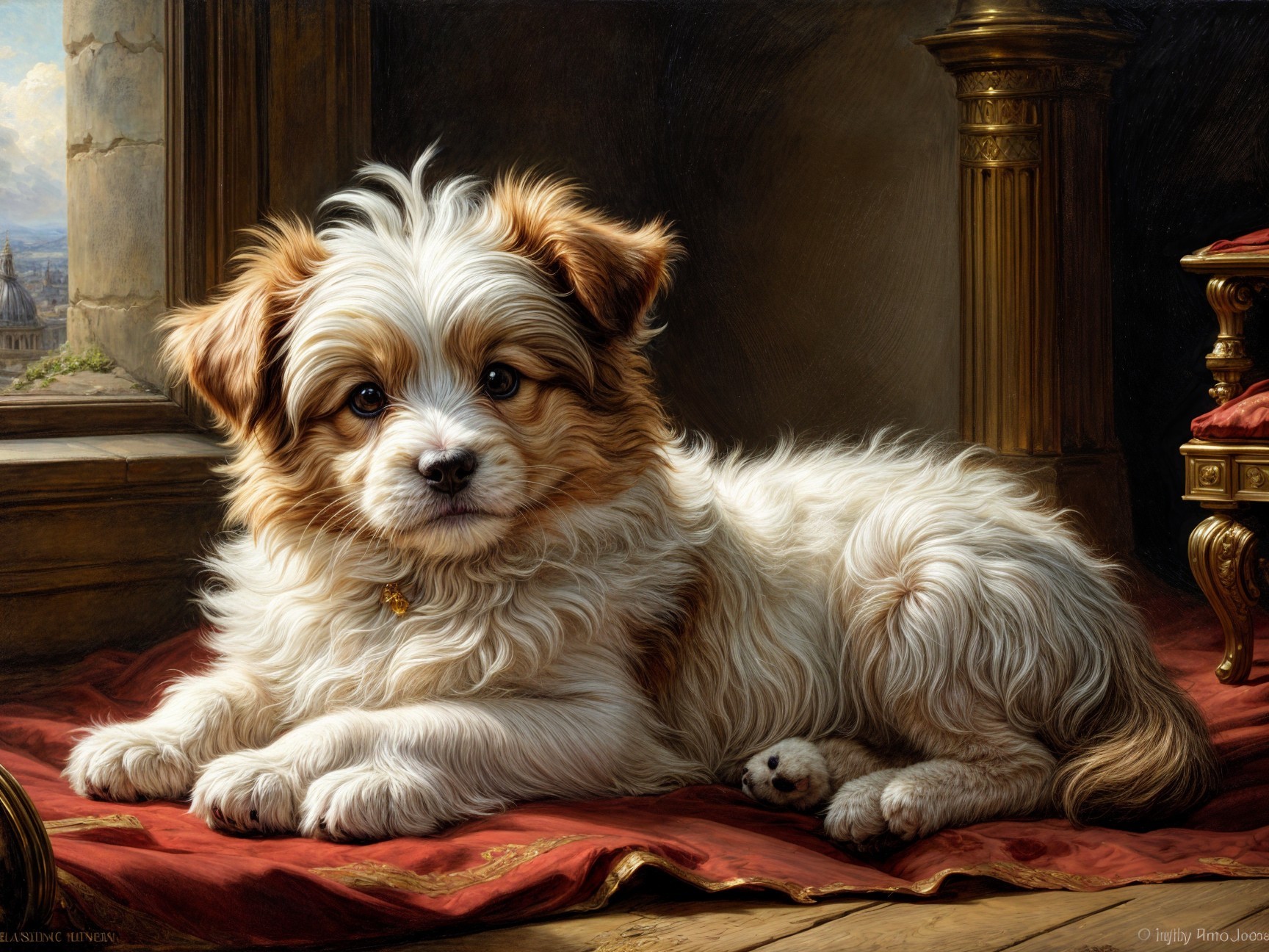 Fluffy Small Dog on Red Fabric in Ornate Room