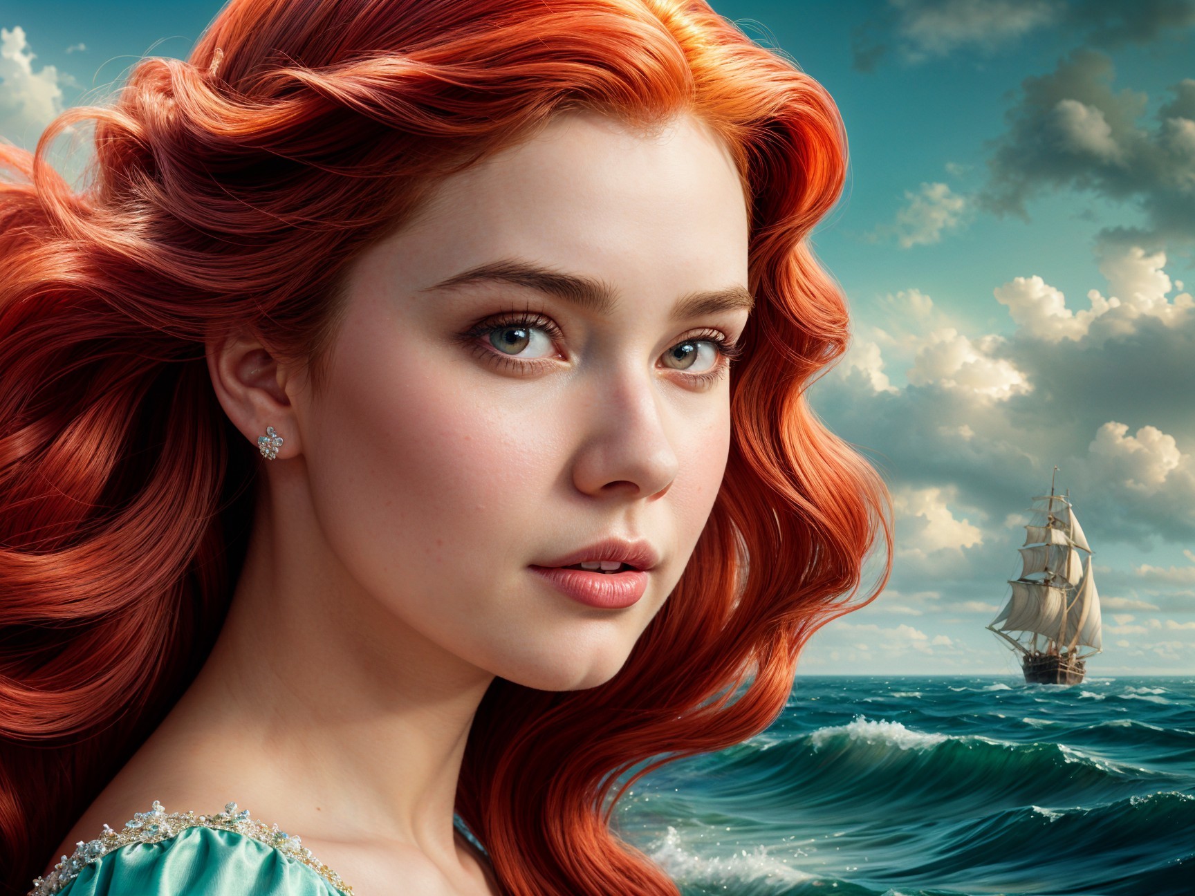 Young woman with red hair by the ocean and ship