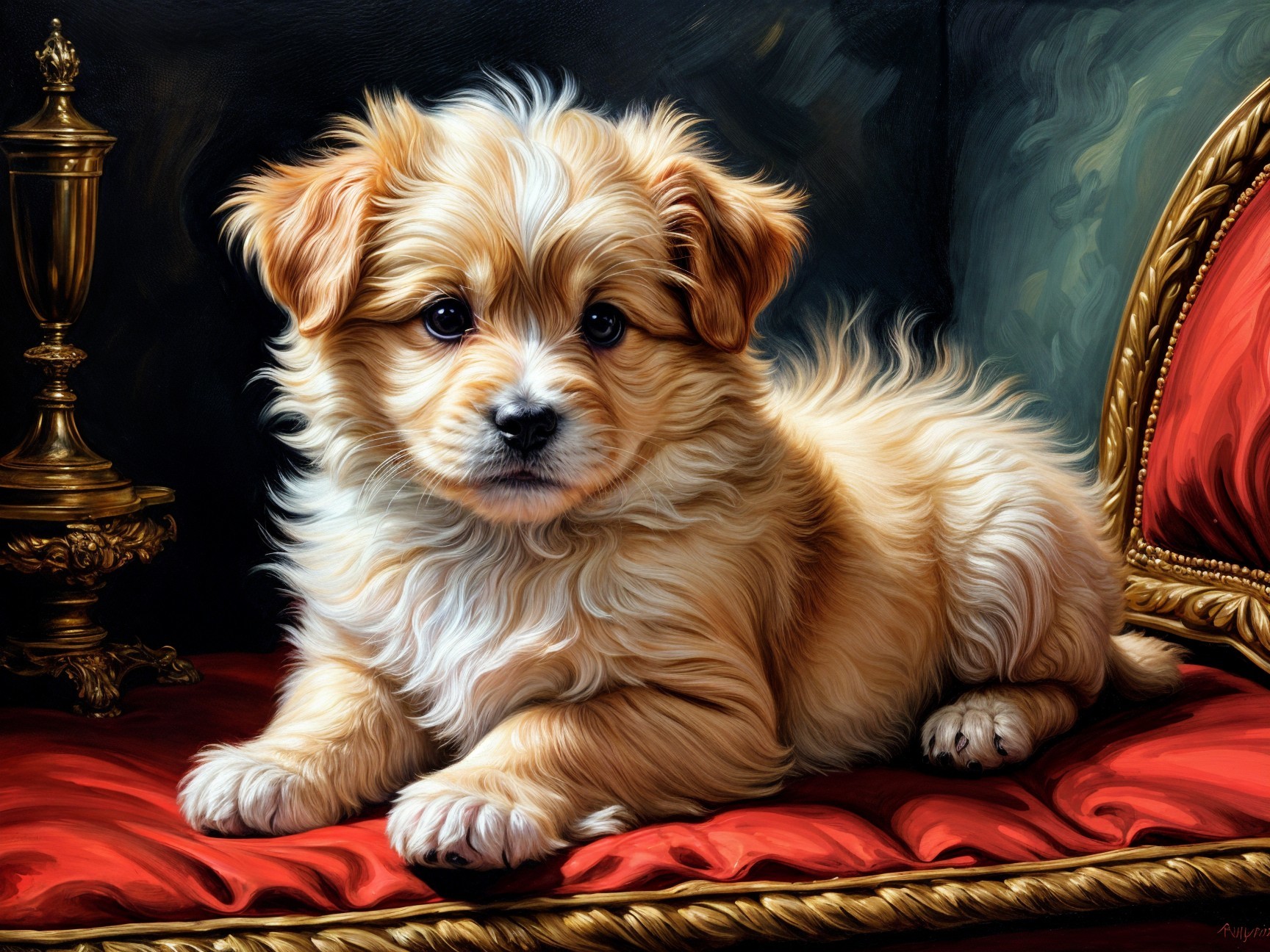 Fluffy Golden-Brown Puppy on Luxurious Red Cushion