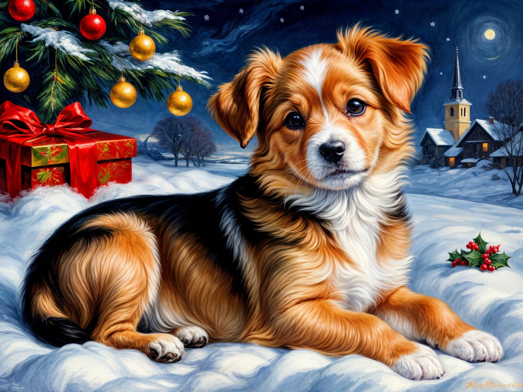 Puppy in Snowy Landscape with Holiday Decorations