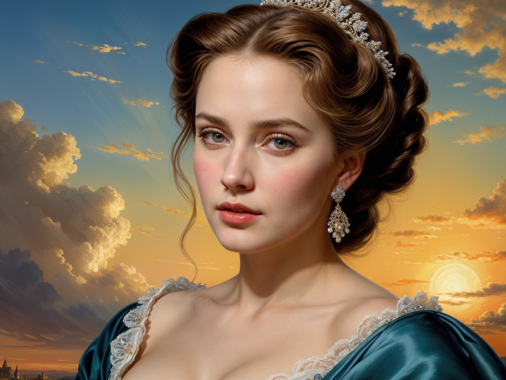 Young Woman in Teal Gown Against Sunset Sky