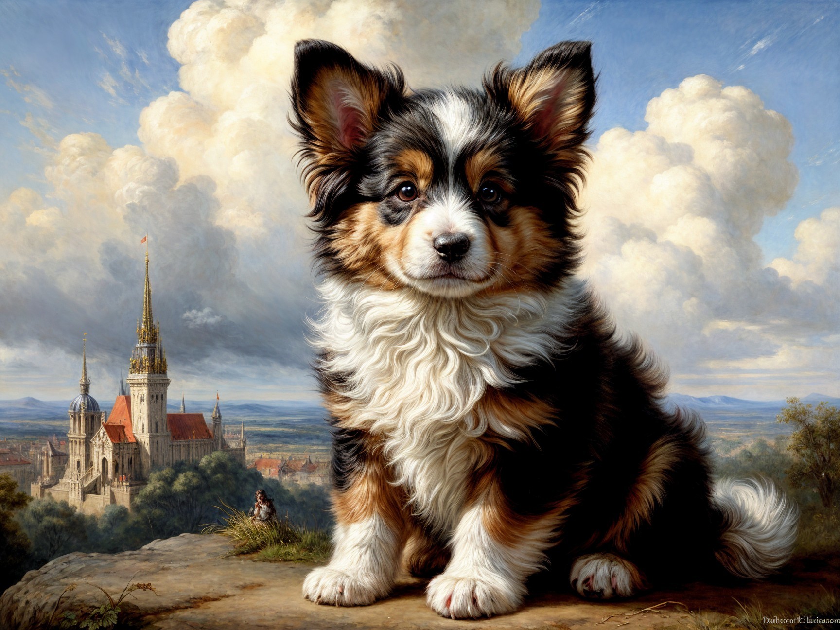 Charming Puppy in Scenic Landscape with Castle Background