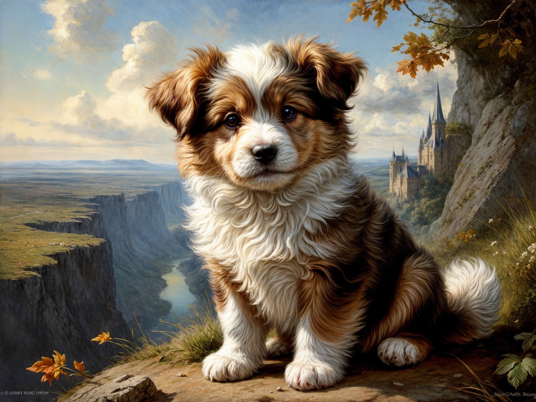 Fluffy puppy on rocky ledge with scenic landscape