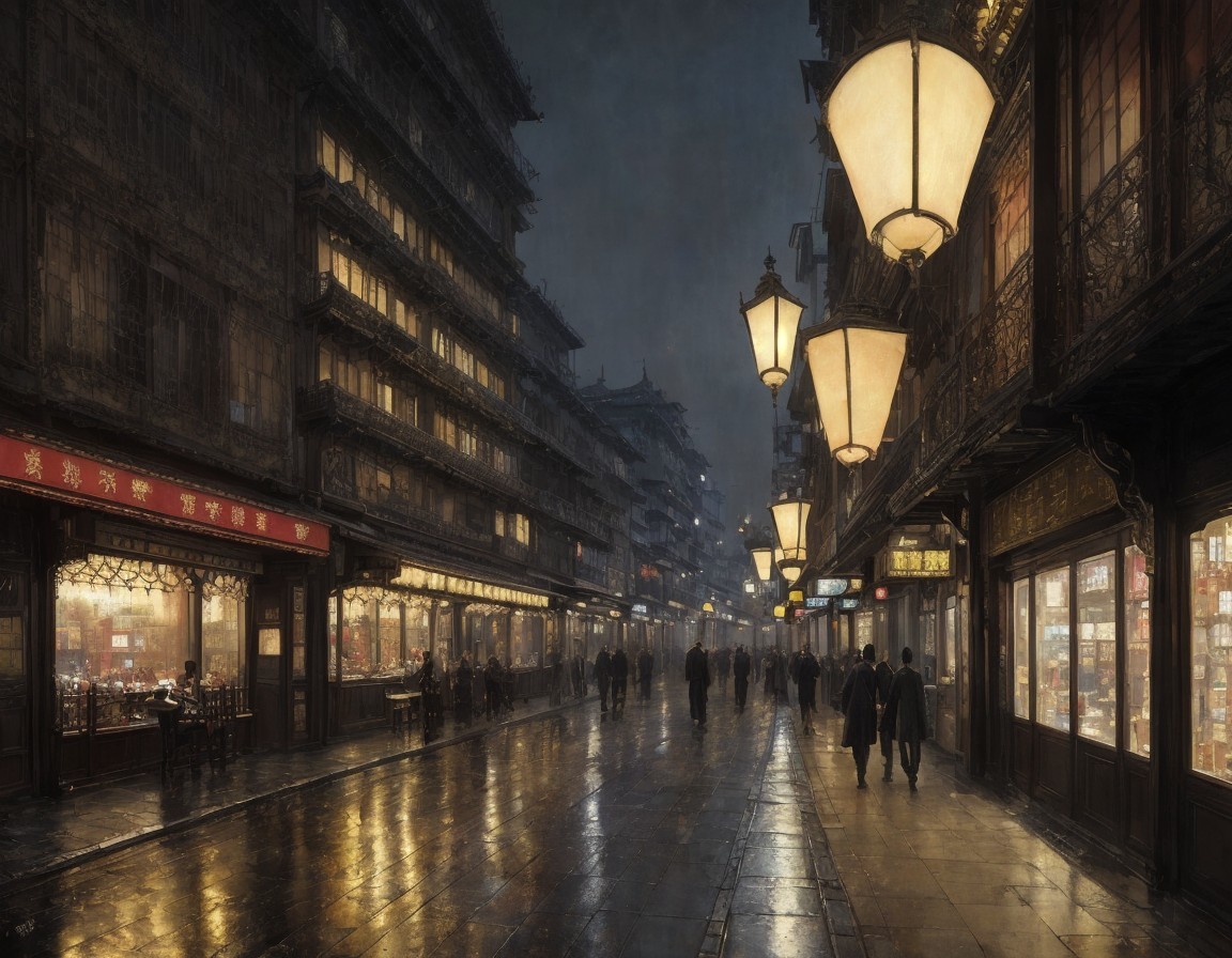 Moody Night Street Scene with Rain and Pedestrians