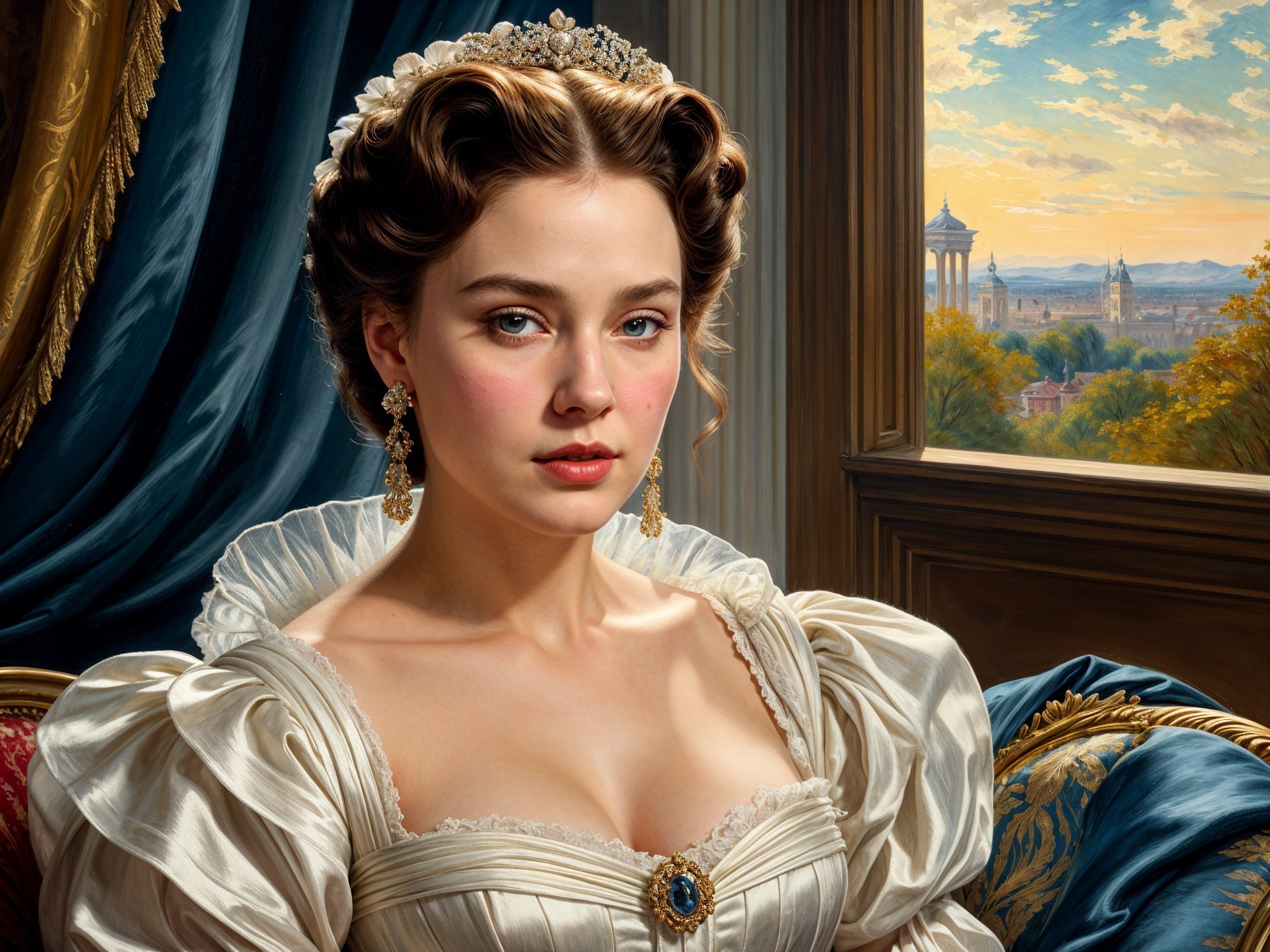 Portrait of a Young Woman in Vintage Gown and Landscape