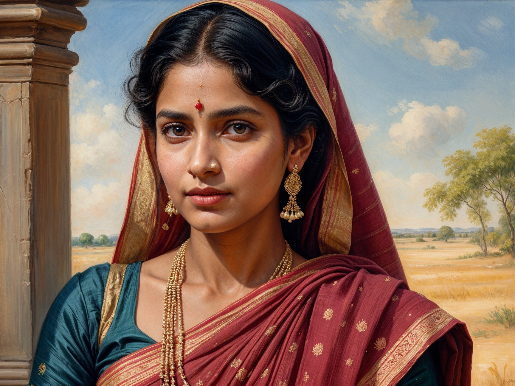 Young Woman in Traditional Saree Against Serene Landscape