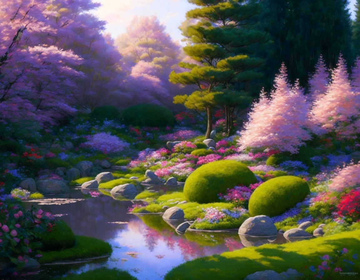 Tranquil garden with lush greenery, flowers, pond, moss-covered rocks, and flowering trees