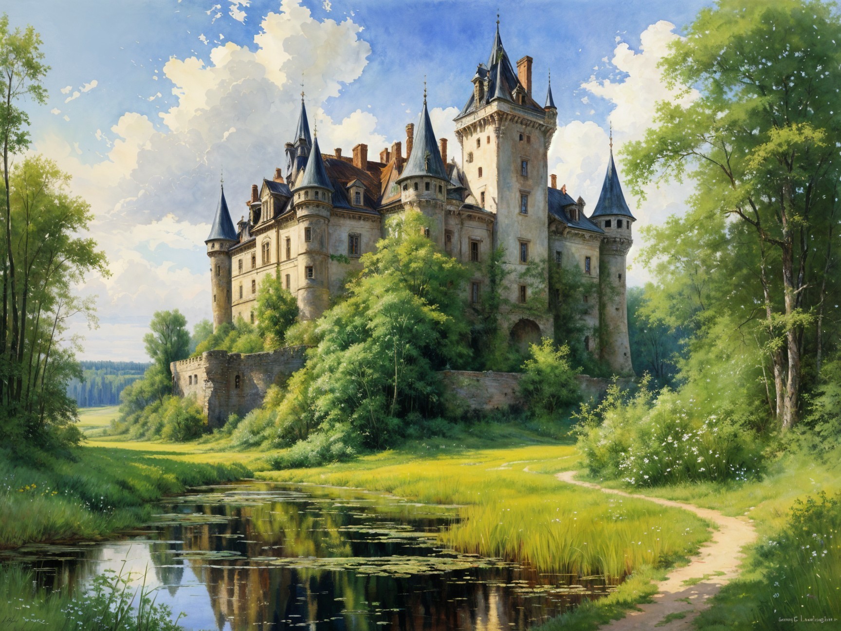 Majestic castle on a hill with lush greenery and river