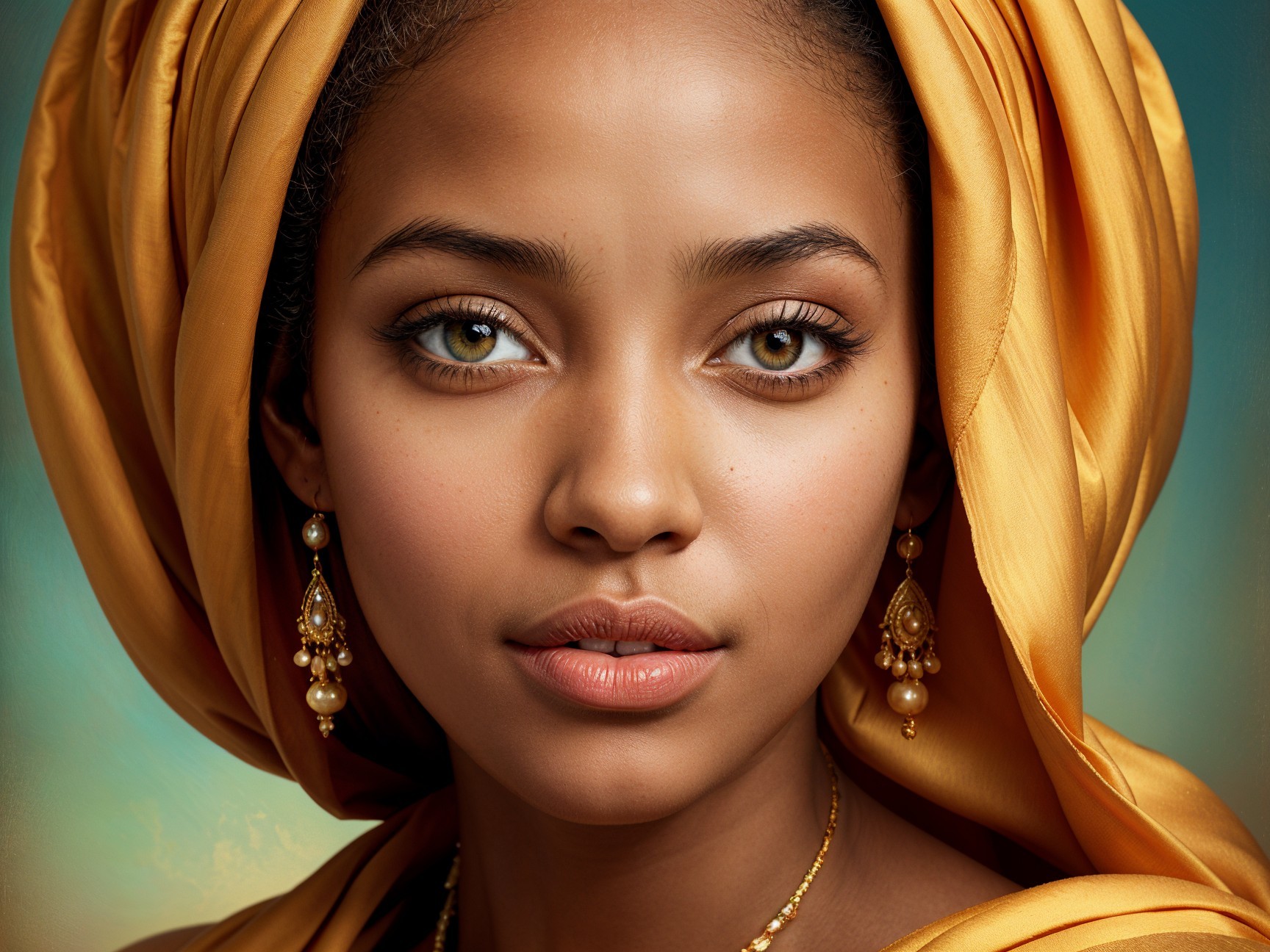 Close-up Portrait of a Woman with Green Eyes and Headscarf