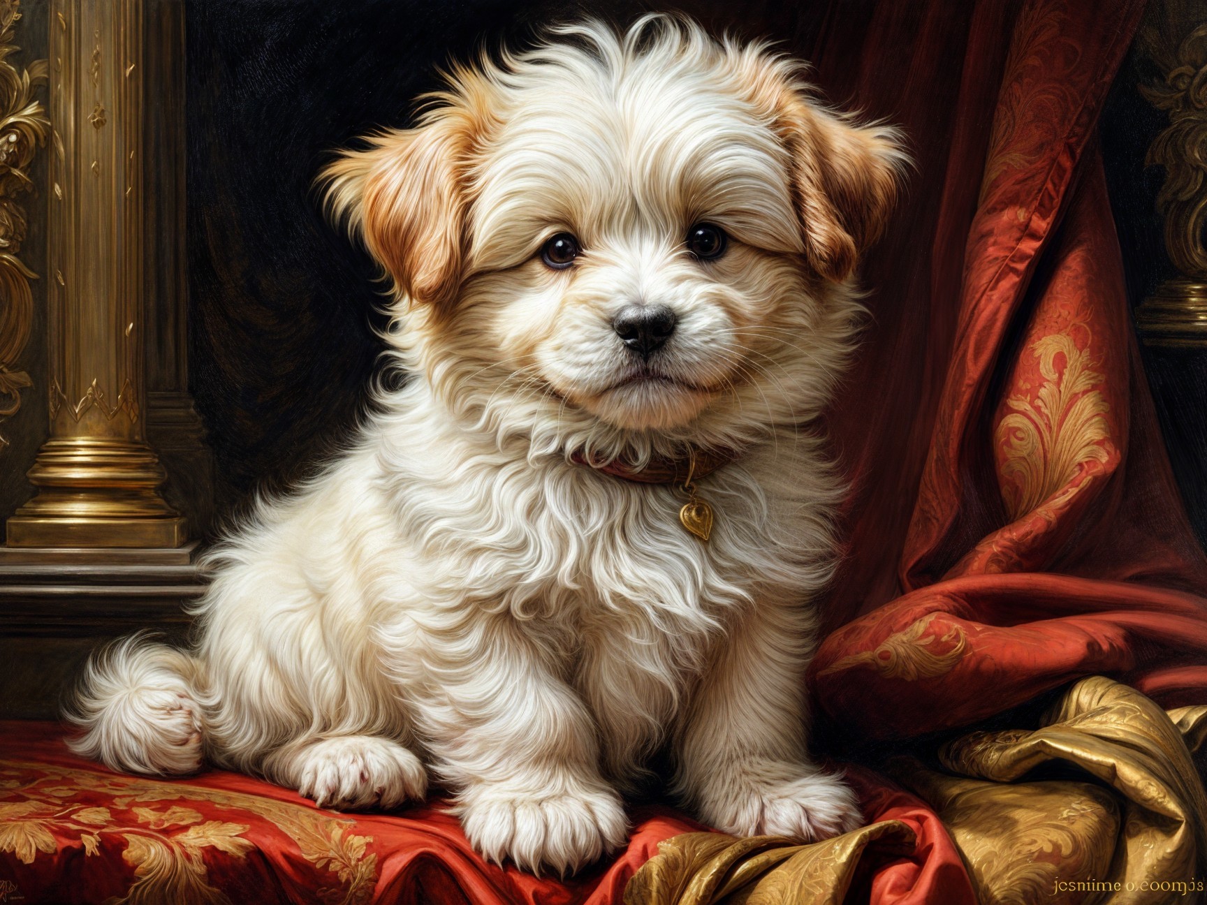 Fluffy Light-Colored Puppy on Rich Fabric Background