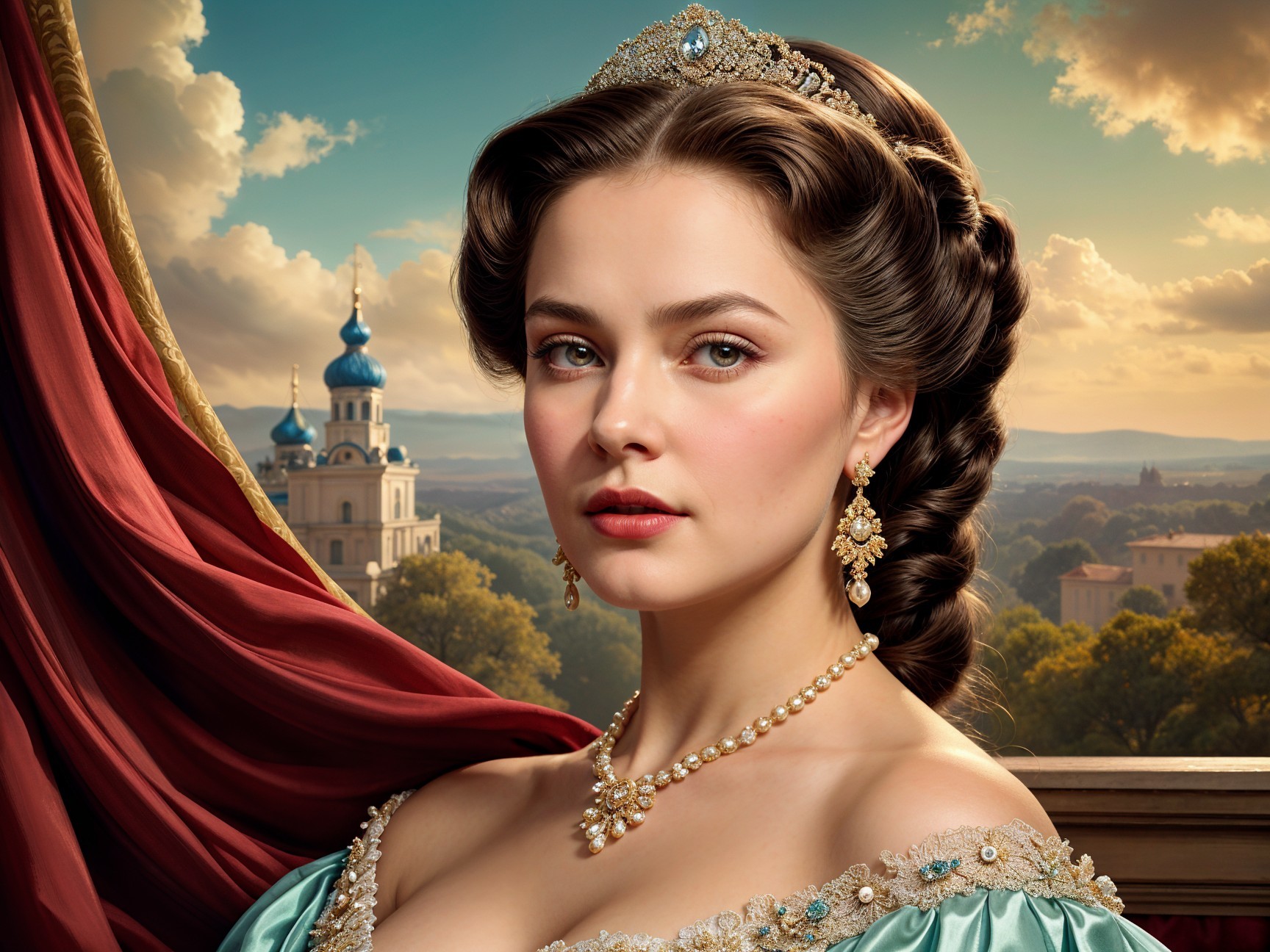 Regal Woman in Turquoise Gown with Tiara and Landscape