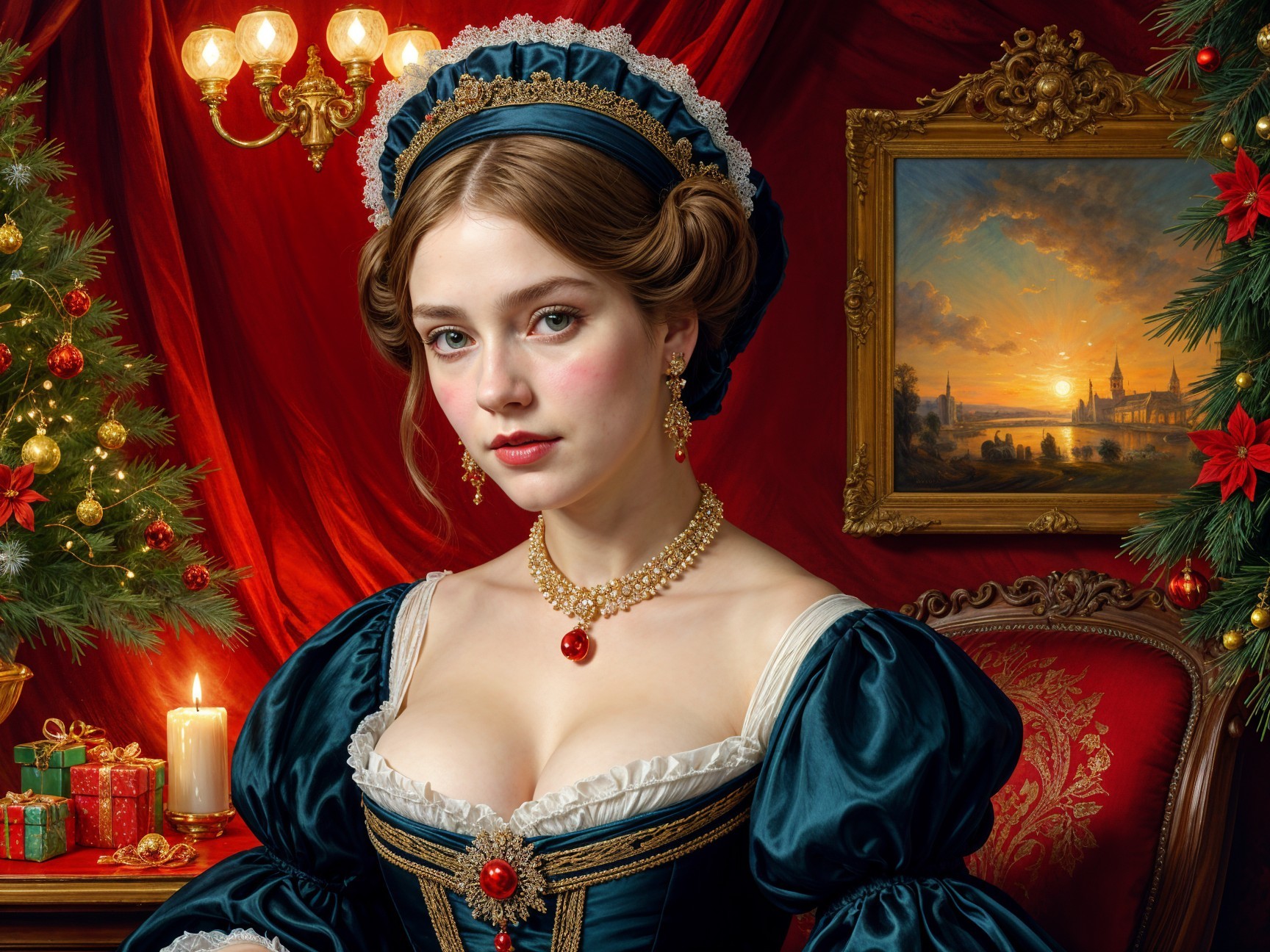 Young Woman in Historical Dress with Festive Backdrop