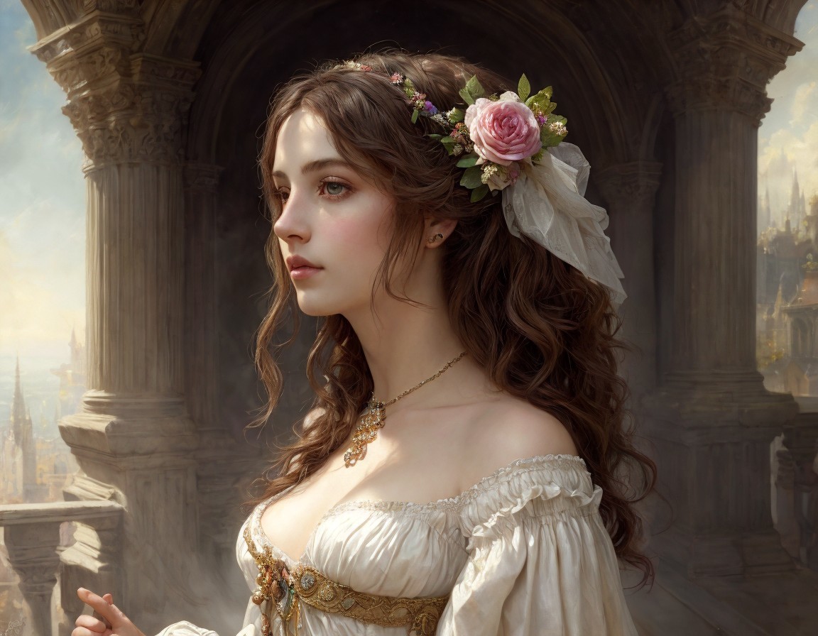 Portrait of a Young Woman in Period Dress with Flowers