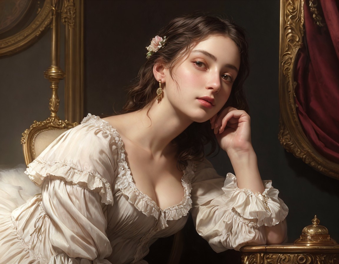 Serene young woman in vintage cream dress with puff sleeves pose elegantly