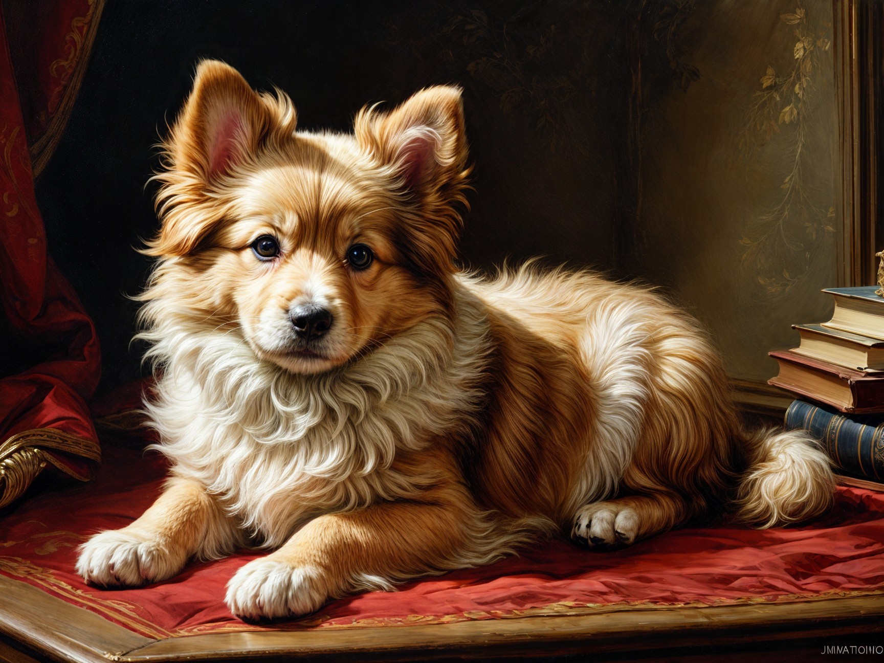 Fluffy Golden-Brown Dog on Red Velvet Surface