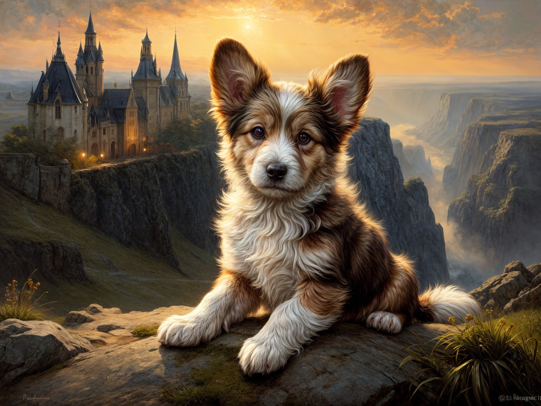 Fluffy Puppy on Rocky Ledge with Castle at Sunset