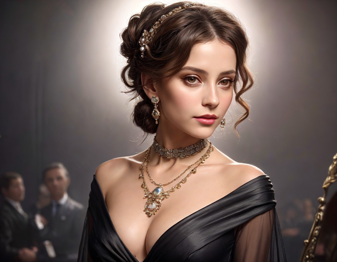 Elegant woman in off-shoulder gown with updo and bejeweled necklace
