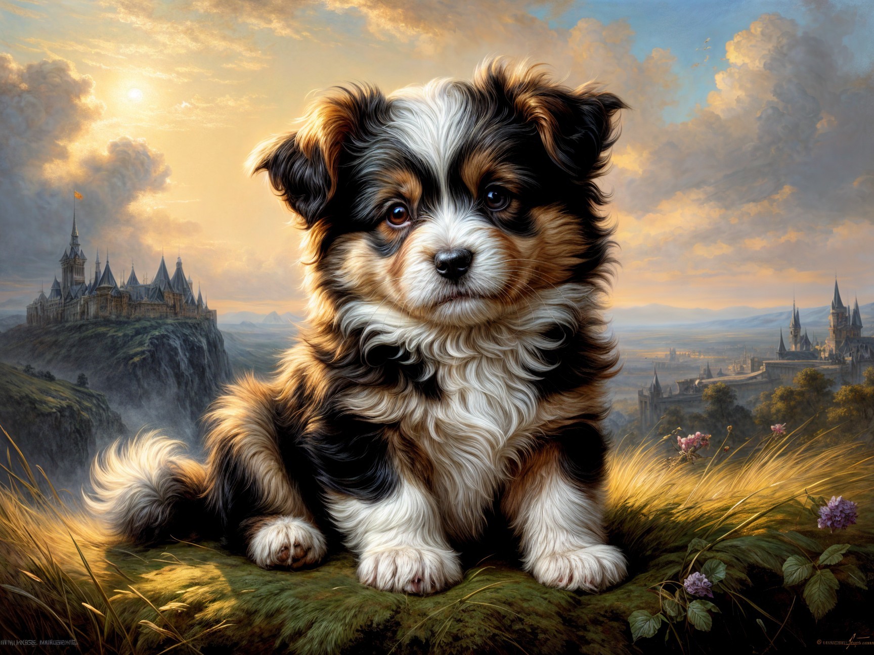 Fluffy Puppy on Grassy Hillside with Castle Background