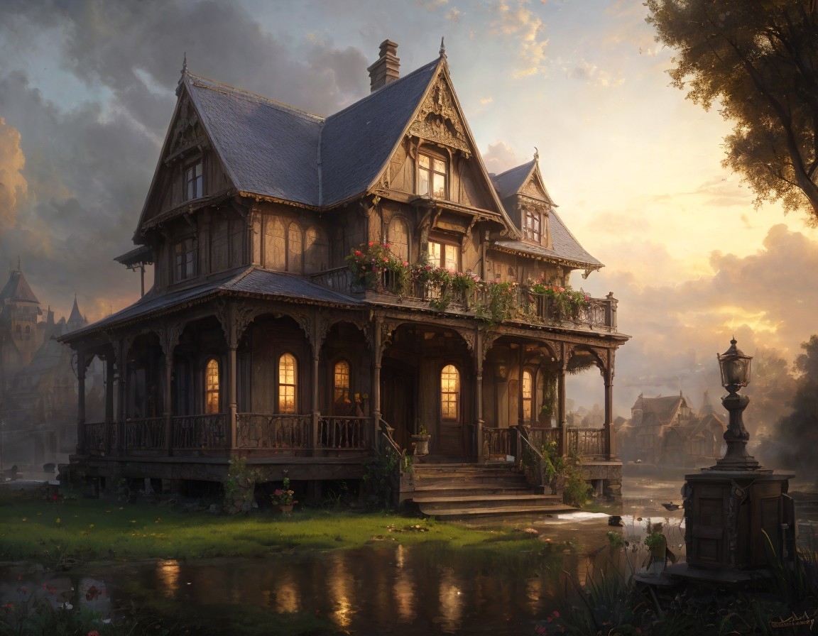 Two-story wooden house with lush greenery and pond at sunset
