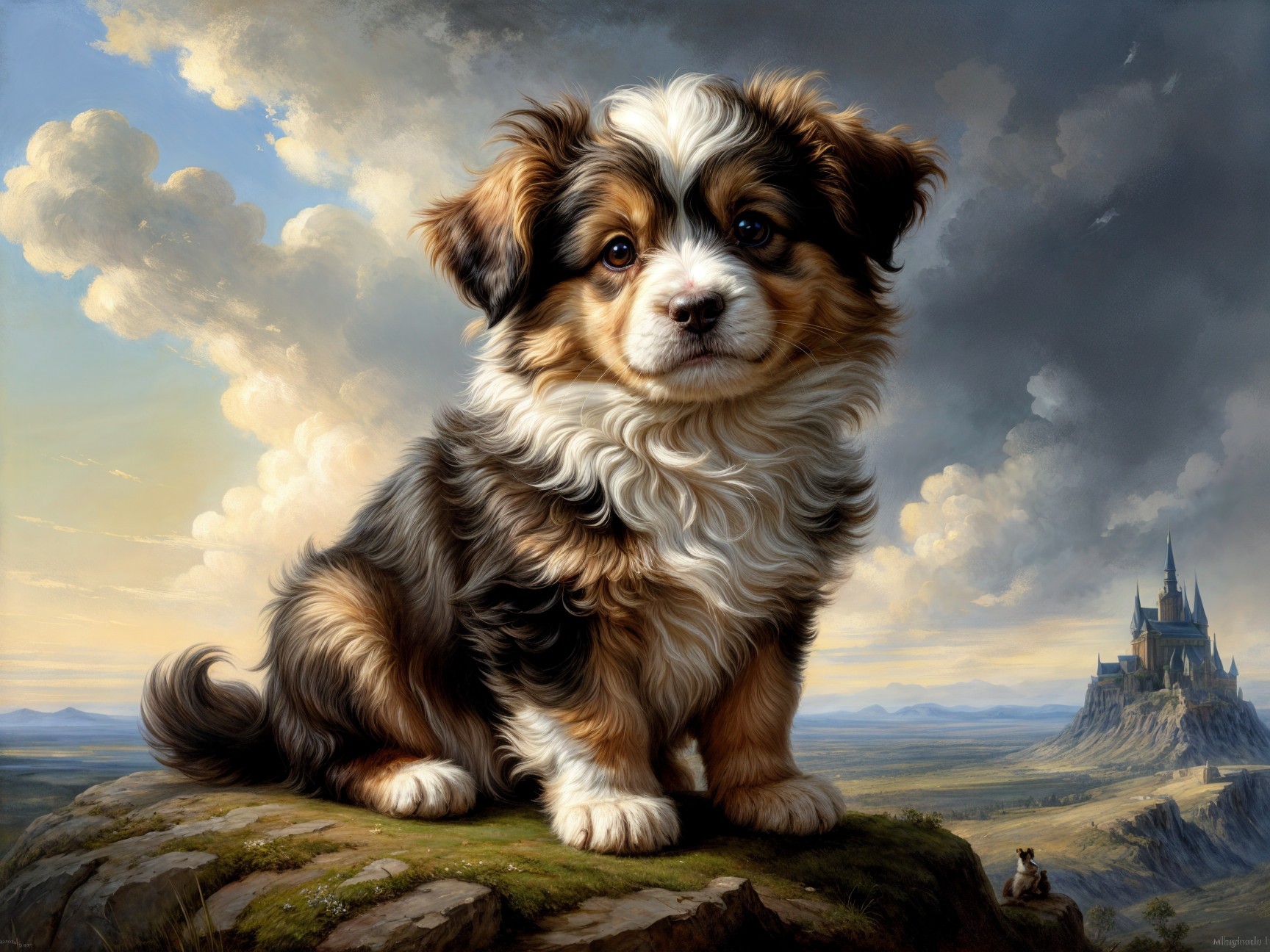Fluffy Puppy on Rocky Ledge with Scenic Backdrop