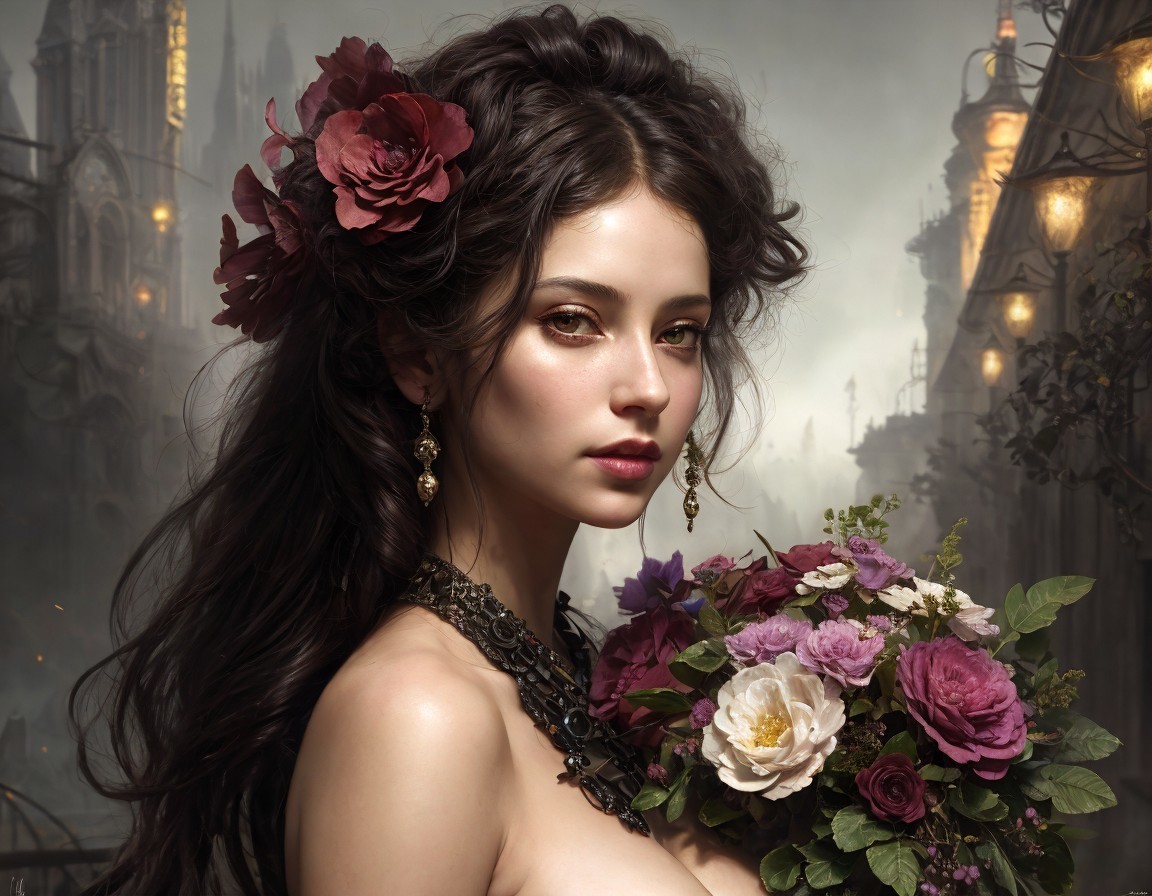 Digital Artwork of Woman with Flowers and Gothic Cityscape