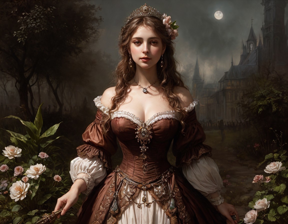 Elaborate brown dress with white lace in moonlit garden
