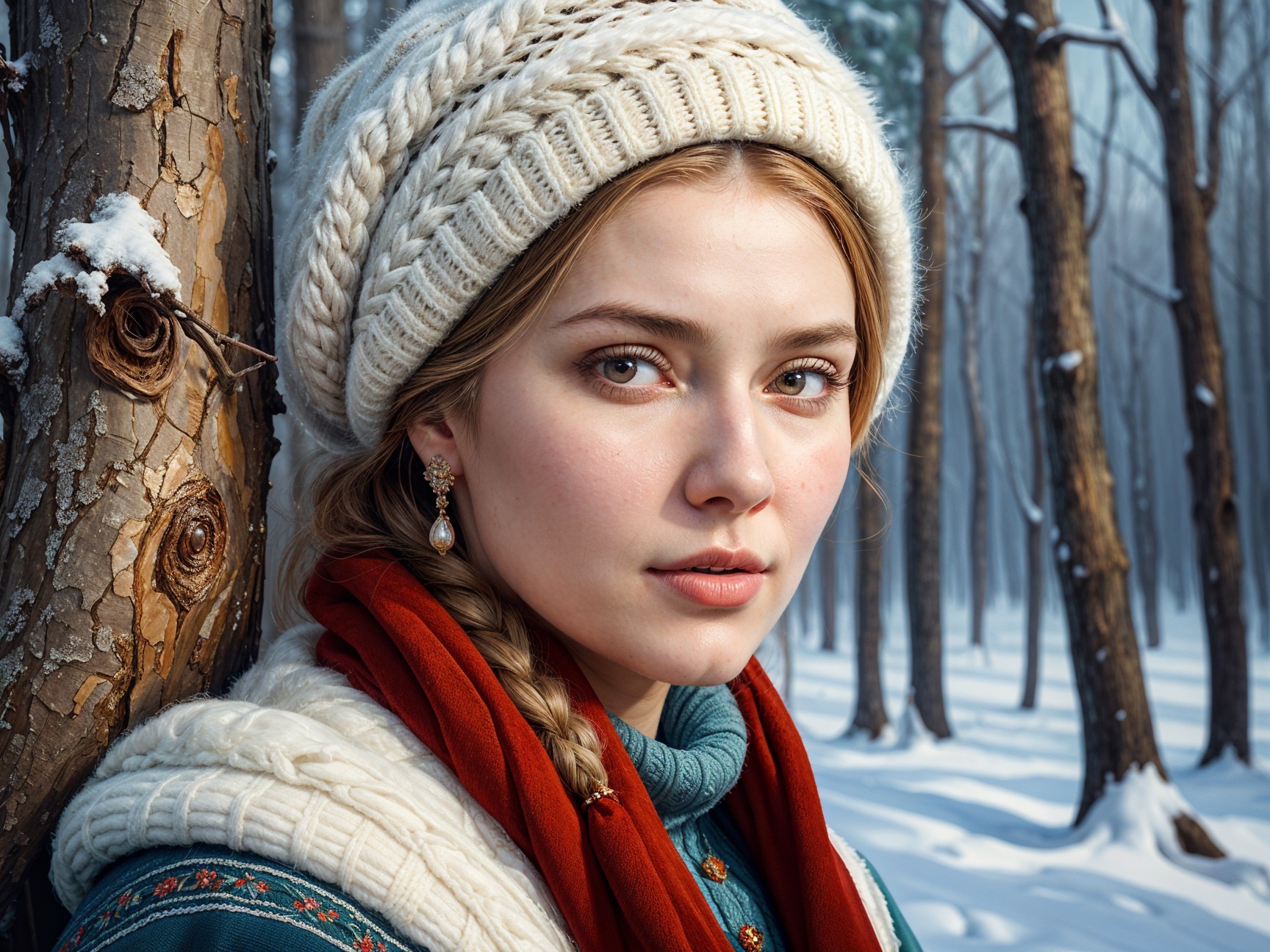 Young woman in snowy forest with serene expression