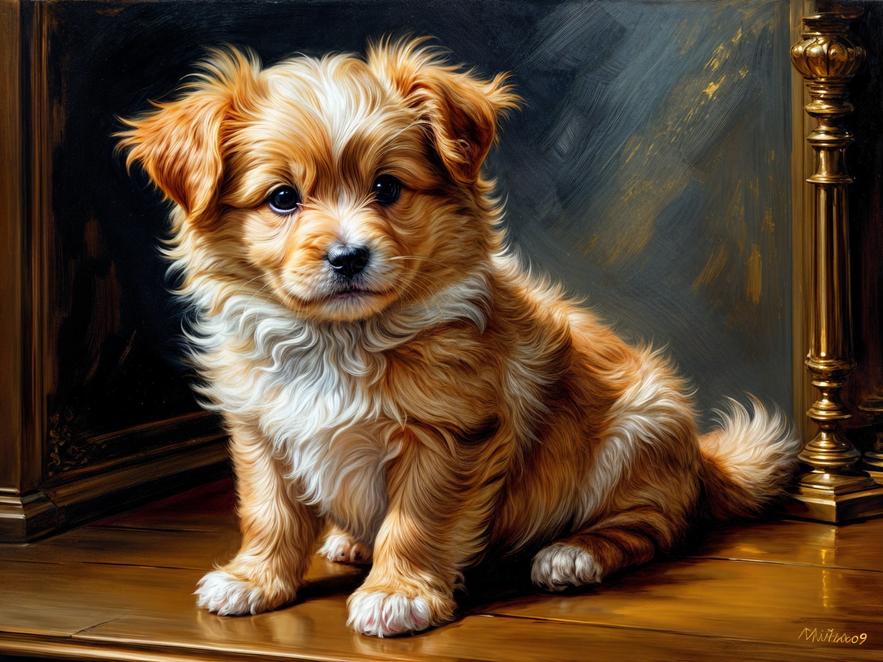 Fluffy Playful Puppy on Polished Wooden Surface