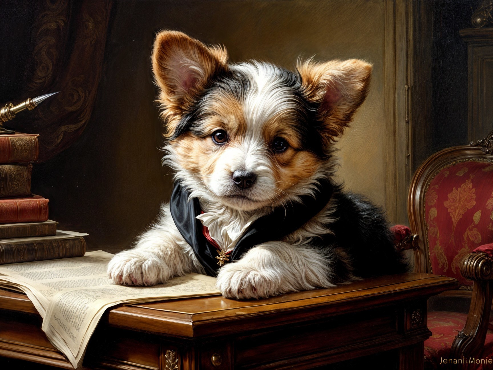 Puppy in Tuxedo on Ornate Desk with Antique Decor