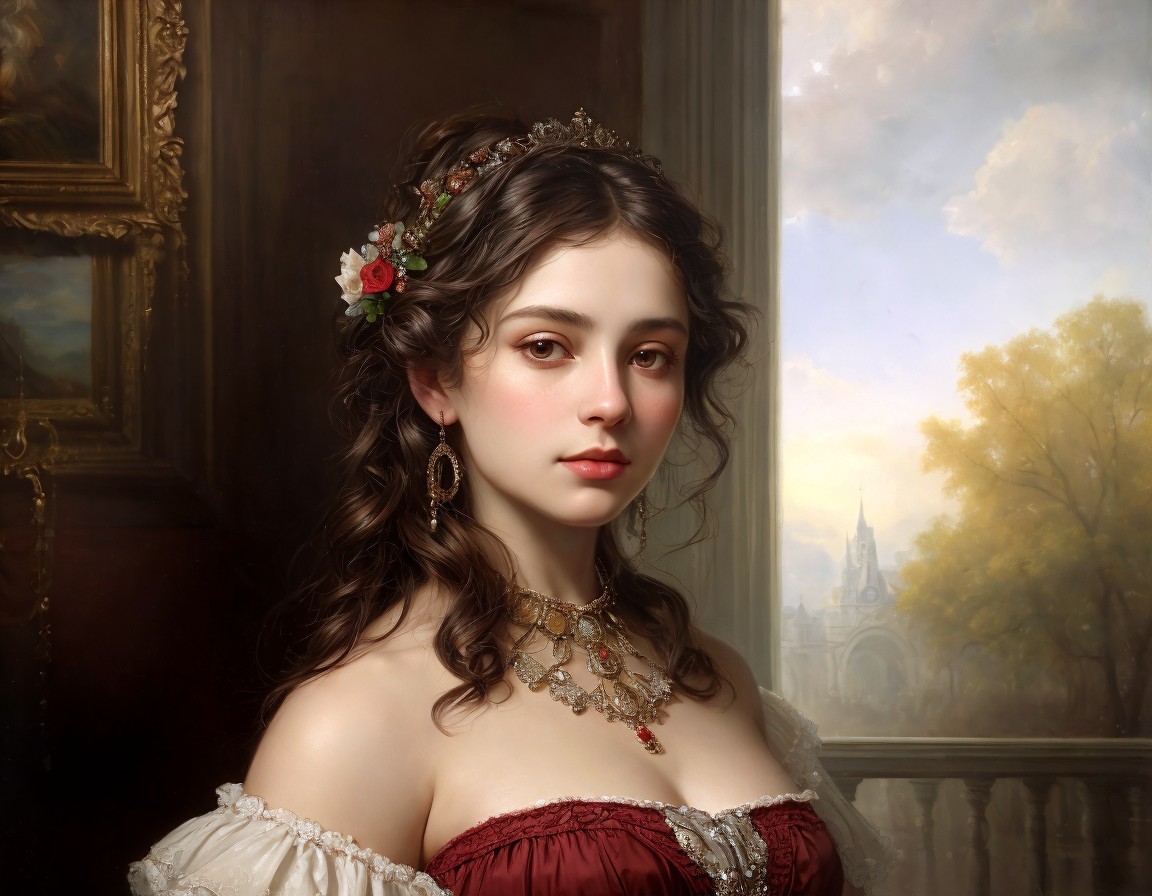 Portrait of young woman with dark hair, red dress, and floral hair accessories.