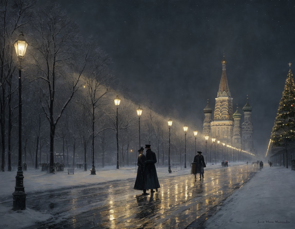Snowy Evening Scene with People Walking Near Saint Basil's Cathedral