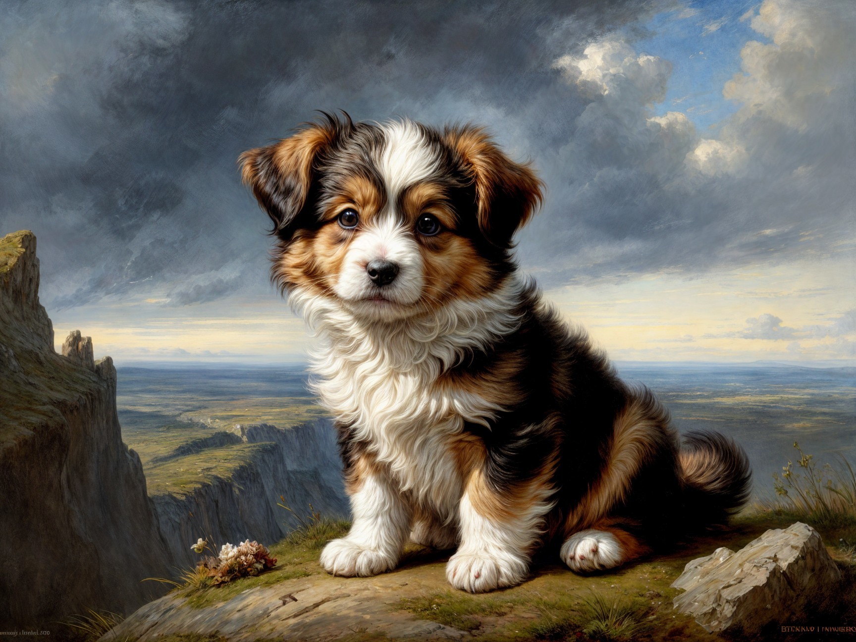 Fluffy Puppy on Rocky Outcrop with Scenic Landscape