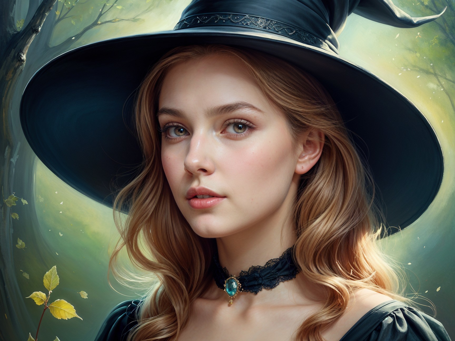 Young woman in witch hat in enchanted forest setting