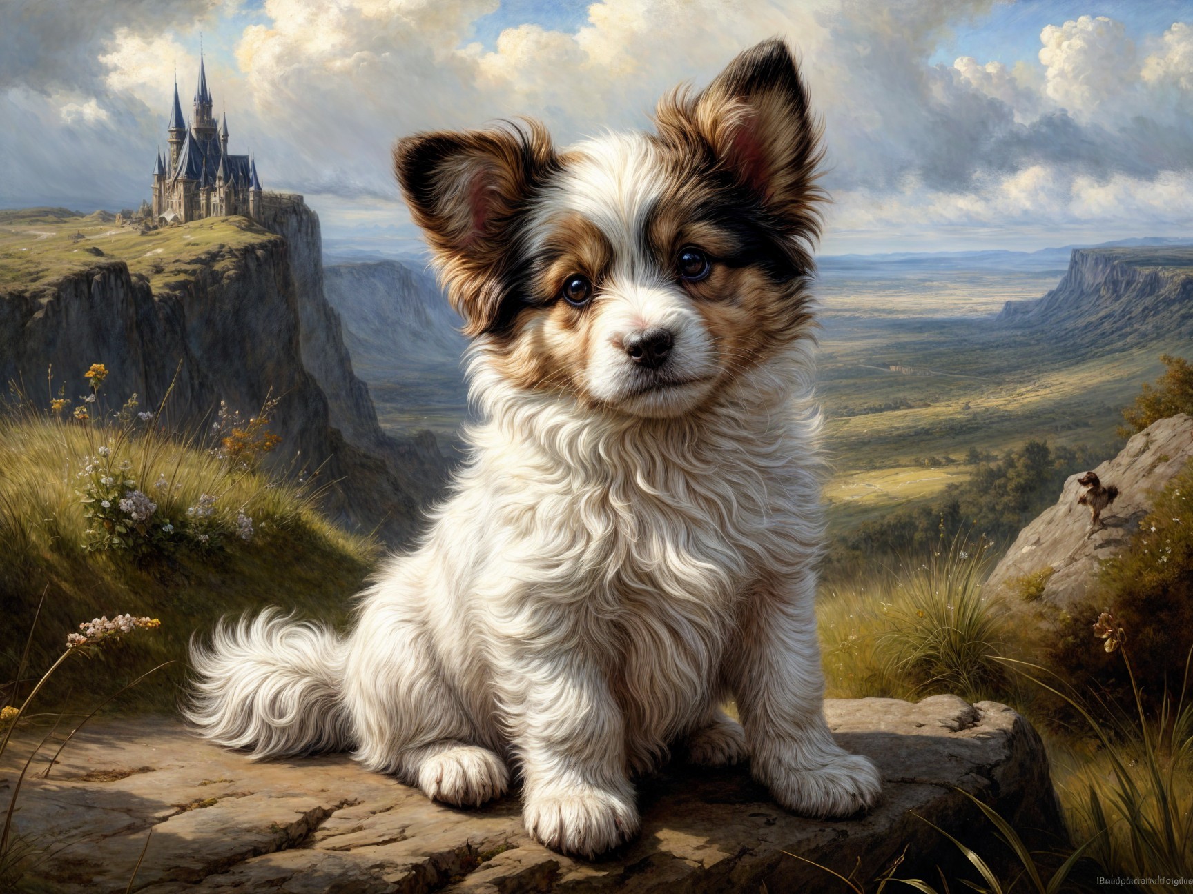 Fluffy Puppy on Rock with Castle and Scenic Background