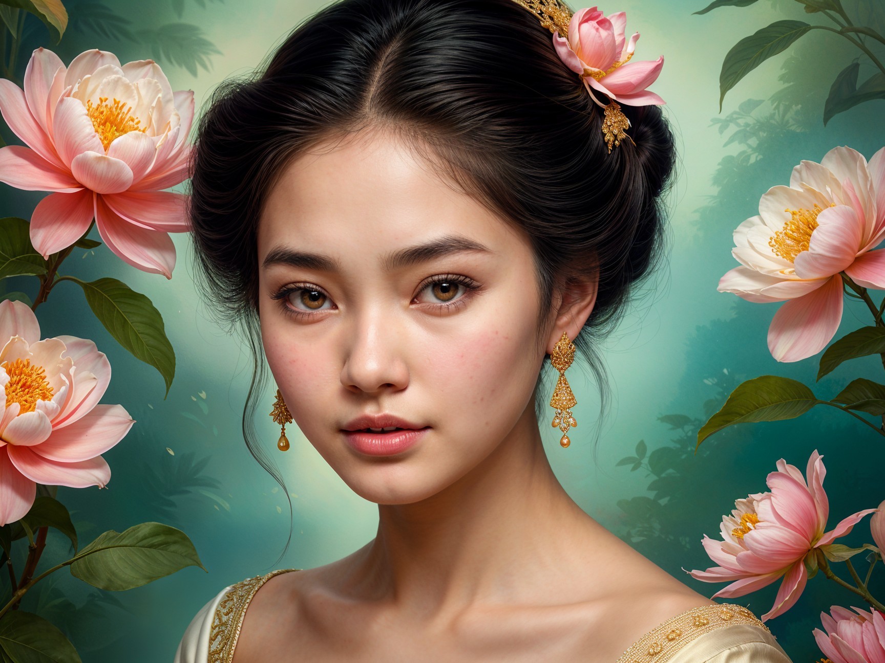 Young woman in traditional attire with lotus flowers