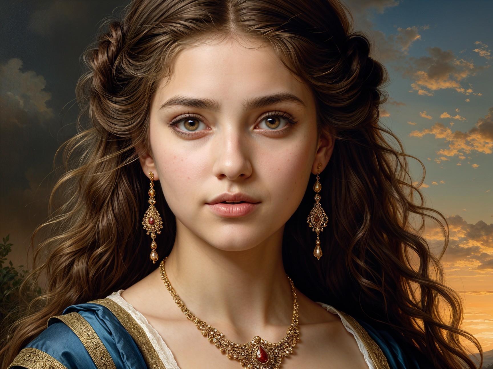 Young Woman in Elegant Gown with Dramatic Sunset Background